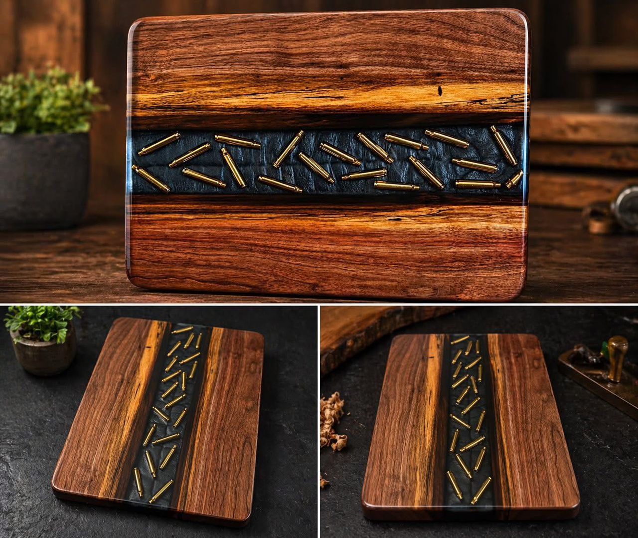 Walnut board with brass bullet and resin inlay